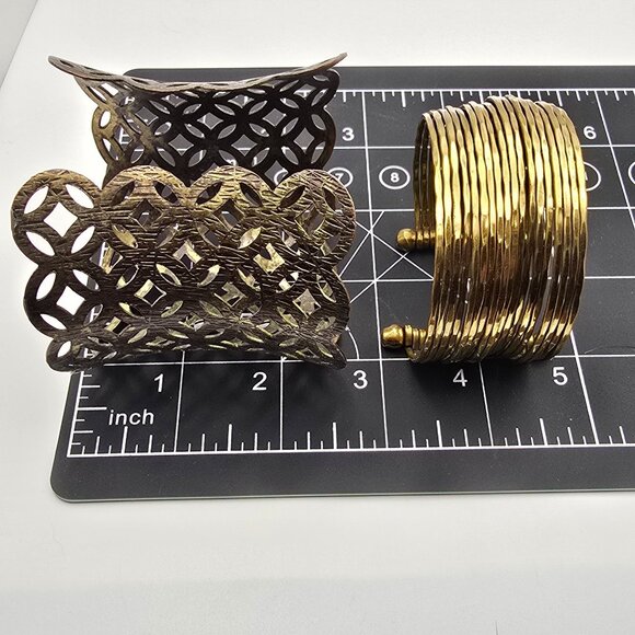 Lot of 4 Statement Cuff Bracelets Brass Glass Beads Openwork & Crystal Designs - Picture 12 of 12